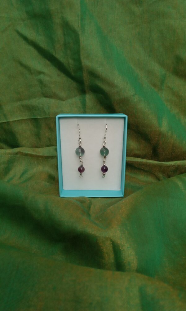 Handcrafted sterling silver drop earings with amethyst and flourite stone